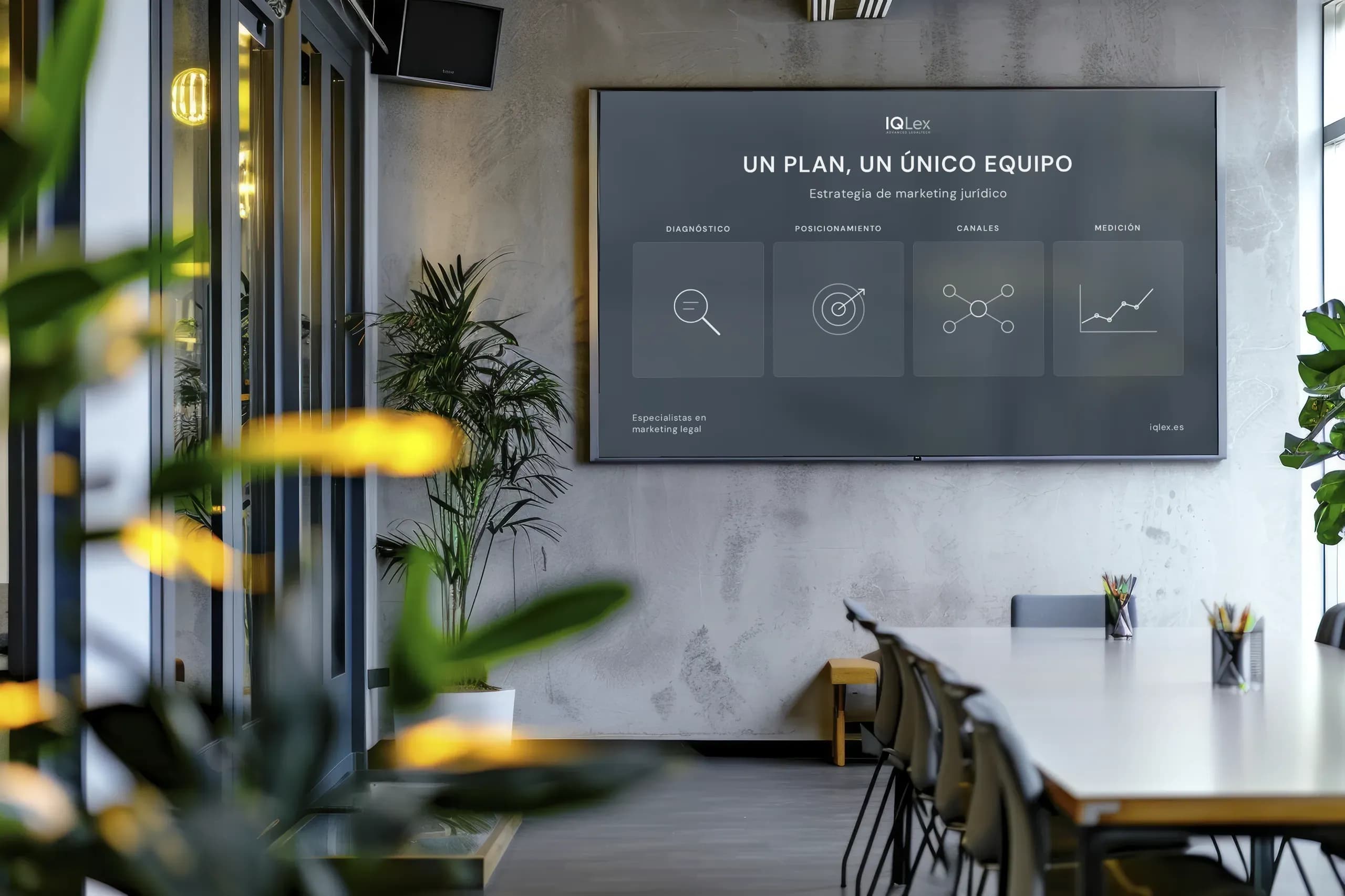 Sala de reuniones con una pantalla de IQLex: «Un plan, un único equipo», con las fases de la estrategia de marketing jurídico: diagnóstico, posicionamiento, canales y medición